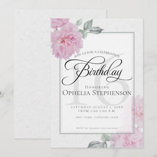 Roze Pioenrozen Zoete Zestien Verjaardag Kaart (Voorkant / Achterkant)