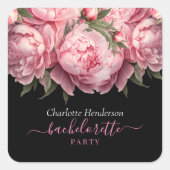 Roze Pioenrozen Zwart Bachelorette Feest Vierkante Sticker (Voorkant)