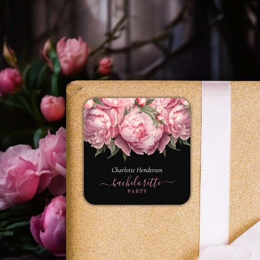 Roze Pioenrozen Zwart Bachelorette Feest Vierkante Sticker