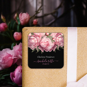 Roze Pioenrozen Zwarte Bachelorette Feest Vierkante Sticker