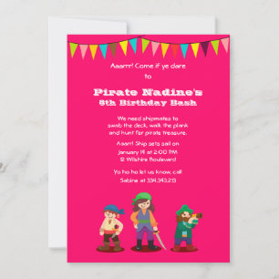 Roze Pirate Birthday Party Custom Invitation Kaart