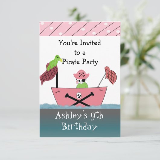 Roze Pirate Birthday Uitnodiging (Staand voorkant)