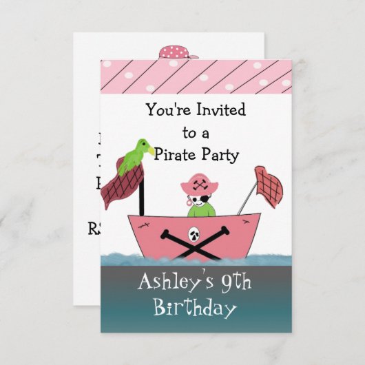 Roze Pirate Birthday Uitnodiging (Voorkant / Achterkant)