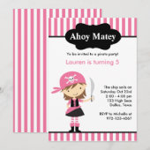 Roze Pirate Girl Birthday-uitnodigingen Kaart (Voorkant / Achterkant)
