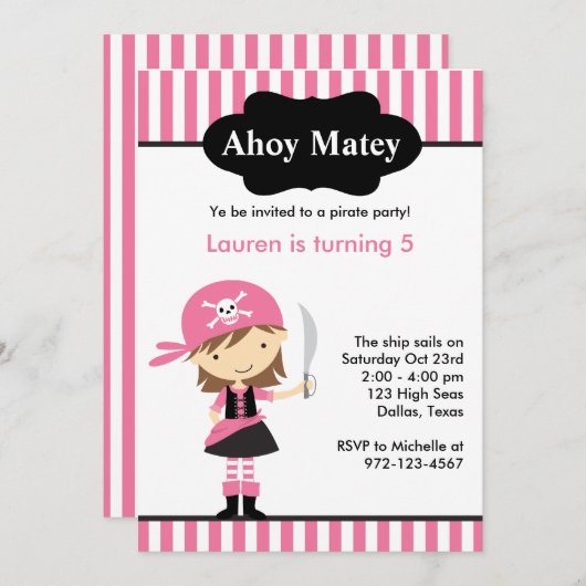 Roze Pirate Girl Birthday-uitnodigingen Kaart (Voorkant / Achterkant)