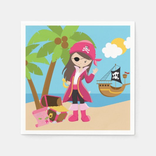 Roze Pirate Meisje Verjaardagsfeestje Servetten (Voorkant)