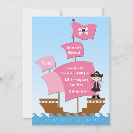 Roze Pirate Ship Birthday Invitation Kaart (Voorkant)