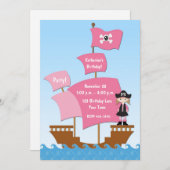Roze Pirate Ship Birthday Invitation Kaart (Voorkant / Achterkant)
