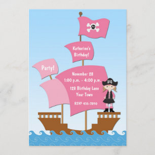 Roze Pirate Ship Birthday Invitation Kaart