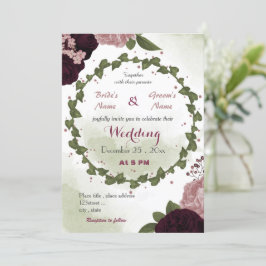 roze pit burgundy bloemen groen met bruine bruilof kaart