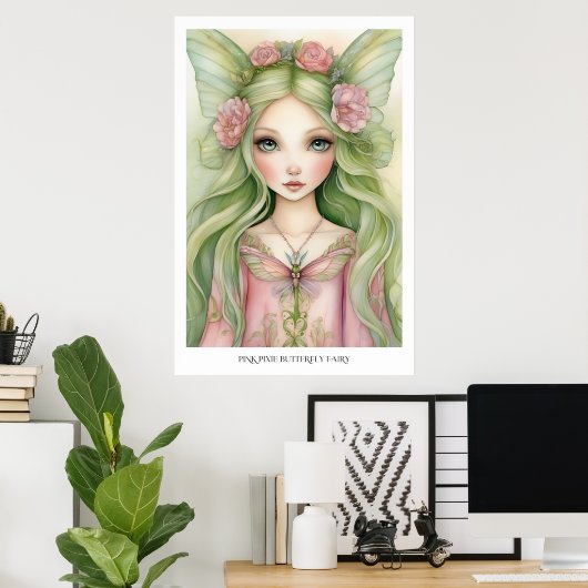 Roze Pixie Vlinder Fee Poster (Thuiskantoor)
