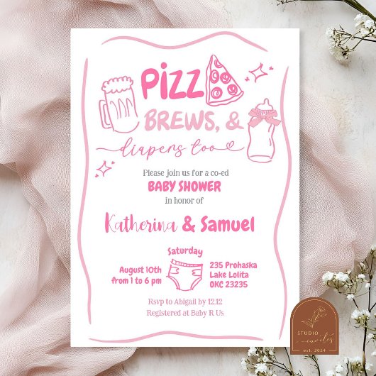 Roze Pizza, Brouwen en Luiers Co-Ed Baby shower Kaart
