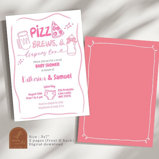 Roze Pizza, Brouwen en Luiers Co-Ed Baby shower Kaart