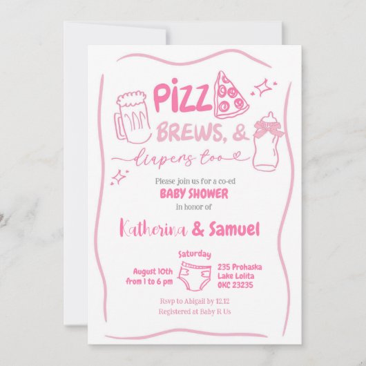 Roze Pizza, Brouwen en Luiers Co-Ed Baby shower Kaart (Voorkant)