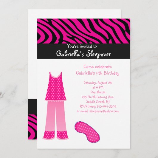 Roze PJ's/Zebra Slapepover Birthday Uitnodiging (Voorkant / Achterkant)