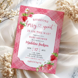 Roze Plaid Berry Sweet Meisje Aardbei Baby shower Kaart