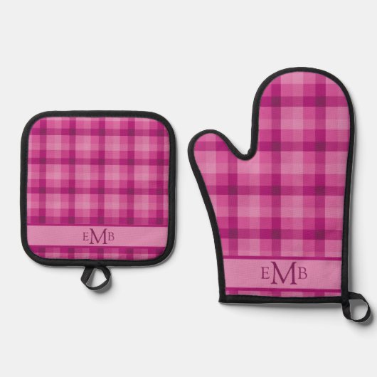 Roze Plaid Custom Monogram Initialen Dames Ovenwant & Pannenlap Set (Voorkant)