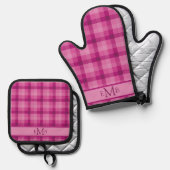 Roze Plaid Custom Monogram Initialen Dames Ovenwant & Pannenlap Set (Voorkant / Achterkant)