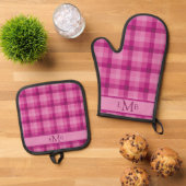 Roze Plaid Custom Monogram Initialen Dames Ovenwant & Pannenlap Set (Top down)