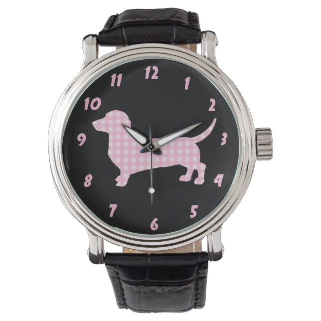 Roze Plaid Dachshund Wiener Hond Horloge (Voorkant)
