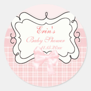 Roze Plaid en Bow Baby shower Ronde Sticker