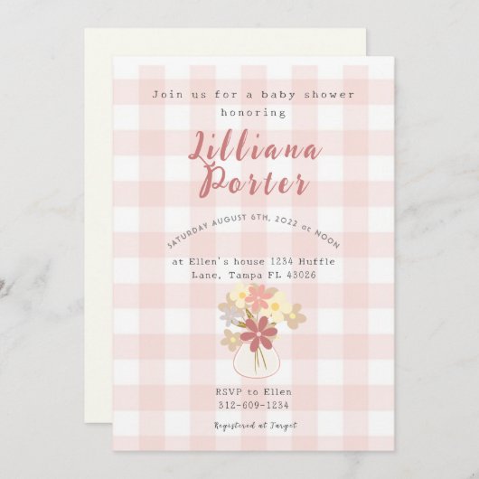 Roze Plaid Flower Baby shower Invite Kaart (Voorkant / Achterkant)