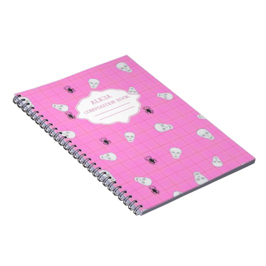 Roze plaid Halloween Skull & Spider gepersonalisee Notitieboek (Rechterzijde)
