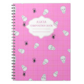 Roze plaid Halloween Skull & Spider gepersonalisee Notitieboek (Voorkant)