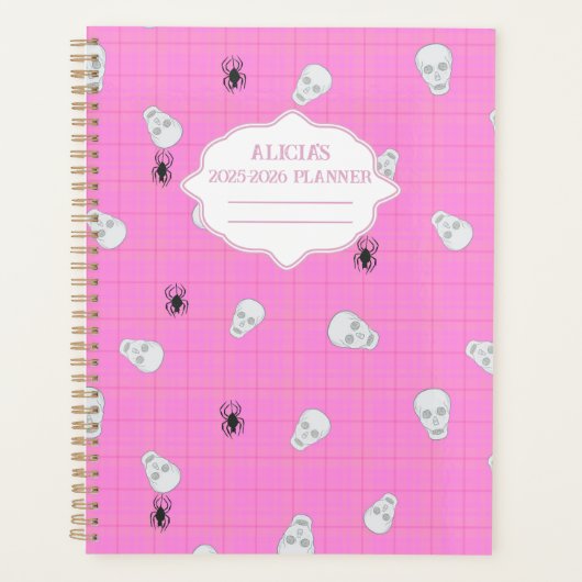 Roze plaid Halloween Skull & Spider gepersonalisee Planner (Voorkant)