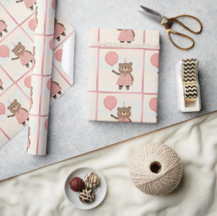 Roze Plaid Jurk Beer met strik en Pet Cadeaupapier