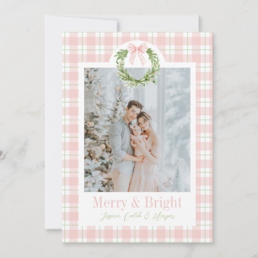 Roze Plaid Krans Preppy Krans Boog Kerst Kaart (Voorkant)