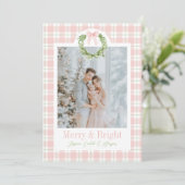 Roze Plaid Krans Preppy Krans Boog Kerst Kaart (Staand voorkant)