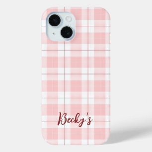 Roze Plaid Patroon met Naam iPhone 15 Case