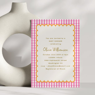  Roze Plaid Sinaasappel Scallop Baby shower Kaart