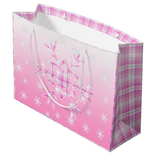 Roze Plaid Sneeuwvlok Kerstmis Groot Cadeauzakje (Achterkant Gekanteld)