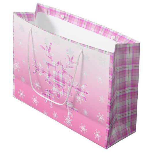 Roze Plaid Sneeuwvlok Kerstmis Groot Cadeauzakje (Voorkant Gekanteld)