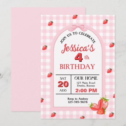 Roze Plaid Stripe Aardbei Verjaardagsfeest Kaart (Voorkant / Achterkant)