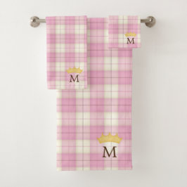 Roze Plaid Tartan Kroon Monogram Prinses Bad Handdoek
