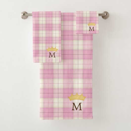 Roze Plaid Tartan Kroon Monogram Prinses Bad Handdoek (Insitu)