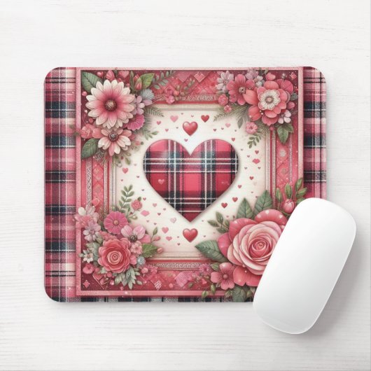 ROZE PLAID VALENTIJNSE HARTEN EN BLOEMEN MUISMAT (Met muis)