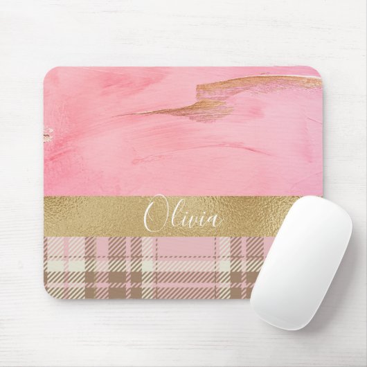Roze Plaid Waterverf Naam Muismat (Met muis)