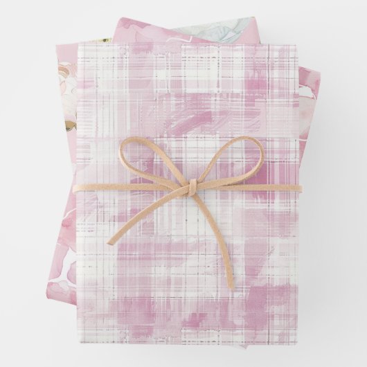 Roze Plaid Witte Strepen Bloemen Abstracte Verjaar Inpakpapier Vel (In situ)