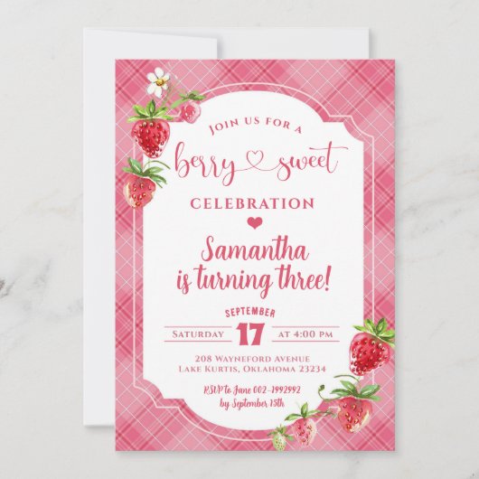 Roze Plaid Zoet Meisje Aardbei 3e Verjaardag Kaart (Voorkant)
