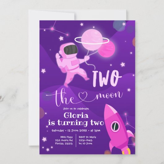 Roze Planet Space Twee: Moon Invitation Kaart (Voorkant)