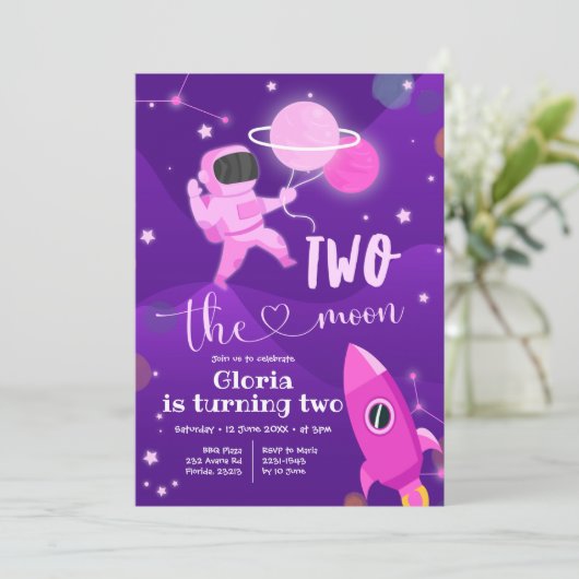 Roze Planet Space Twee: Moon Invitation Kaart (Staand voorkant)