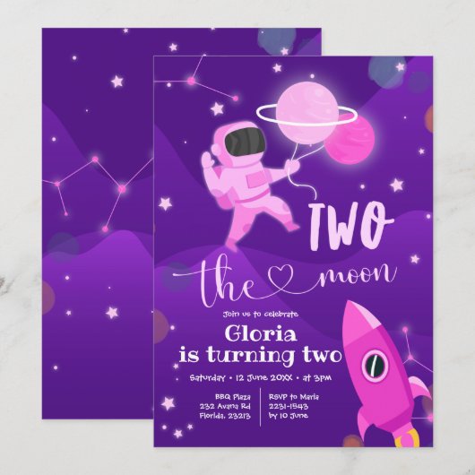 Roze Planet Space Twee: Moon Invitation Kaart (Voorkant / Achterkant)