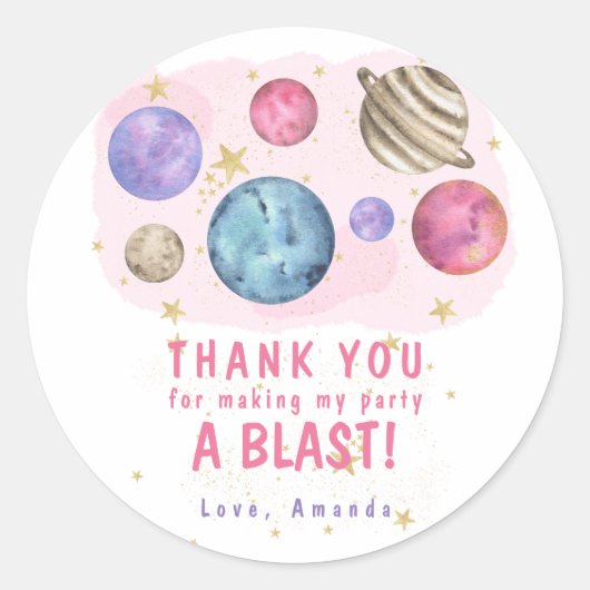 Roze Planeten Ruimte Verjaardagsfeest Ronde Sticker (Voorkant)