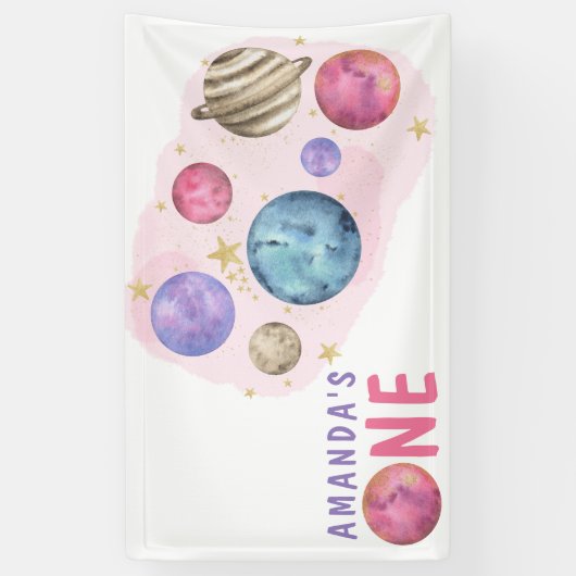 Roze Planeten Ruimte Verjaardagsfeest Spandoek (Verticaal)