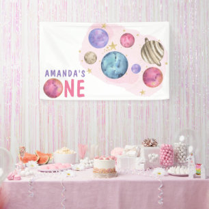 Roze Planeten Ruimtevaart Verjaardagsfeestje Spandoek