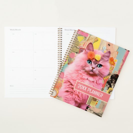 Roze pluizige kat collage planner (Display)